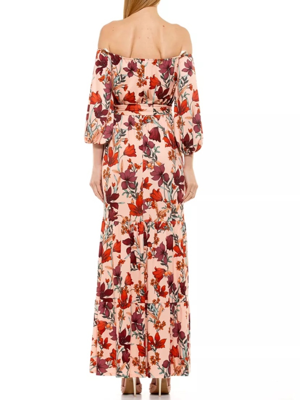 Autumn Alexia Admor Blush Off-Shoulder Maxi Dress with Red & Plum Floral Print